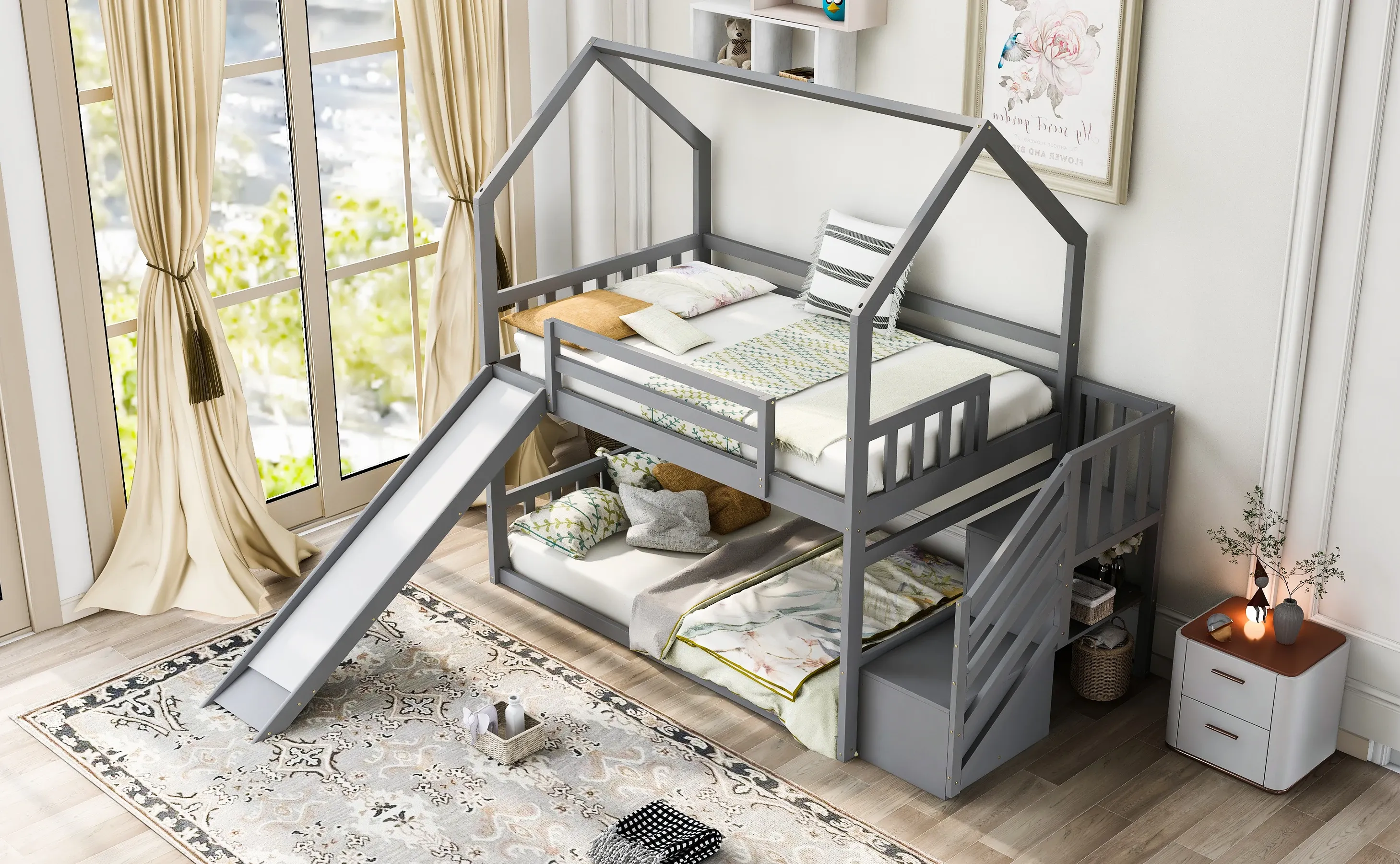 Bright modern children's bedroom with a grey wooden bunk bed featuring a slide, steps, built-in side safety rails and two sleeping spaces, styled in a tidy compact family-home room with natural light.
