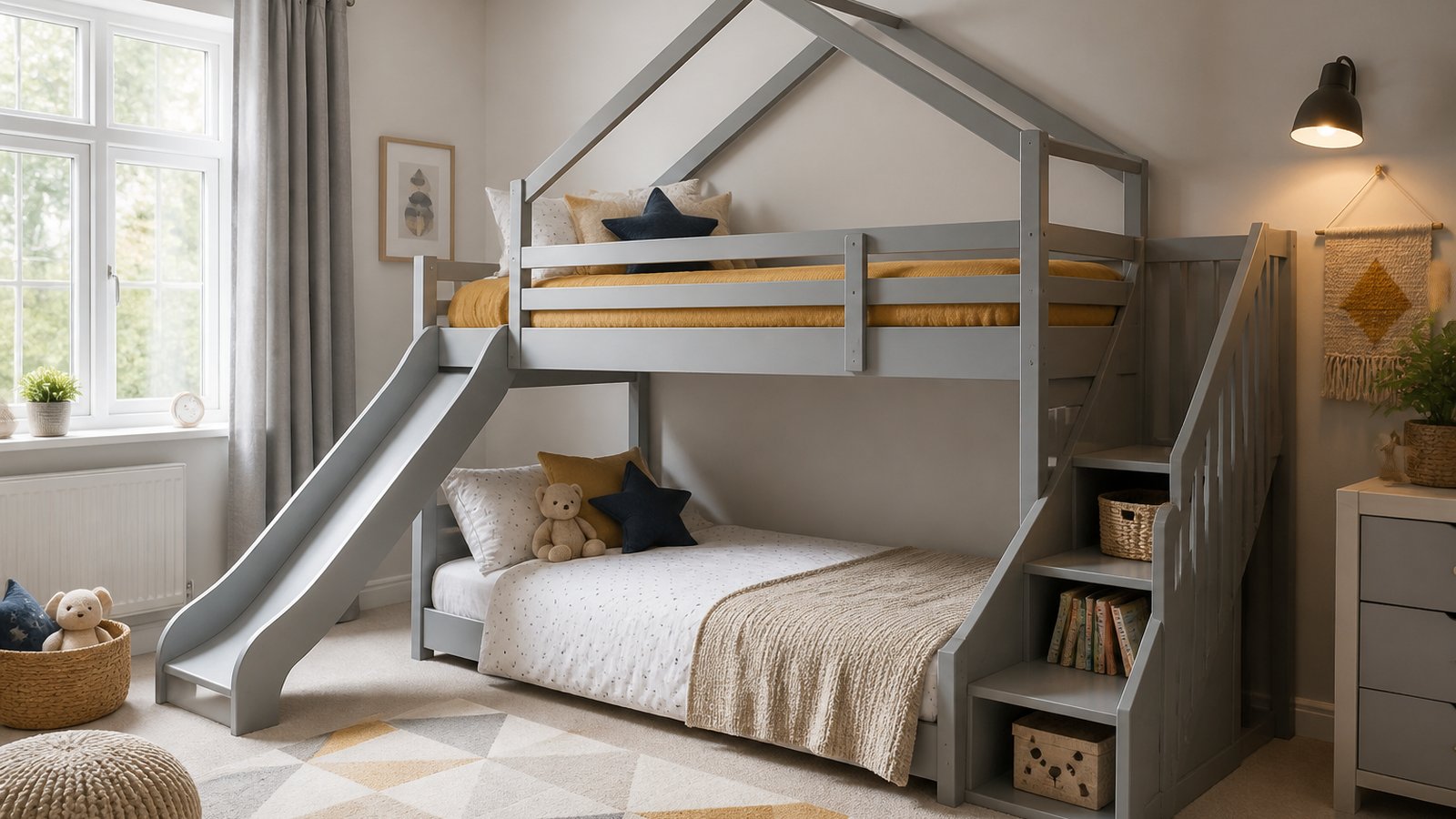 Grey bunk with slide fitted in a compact UK kids bedroom