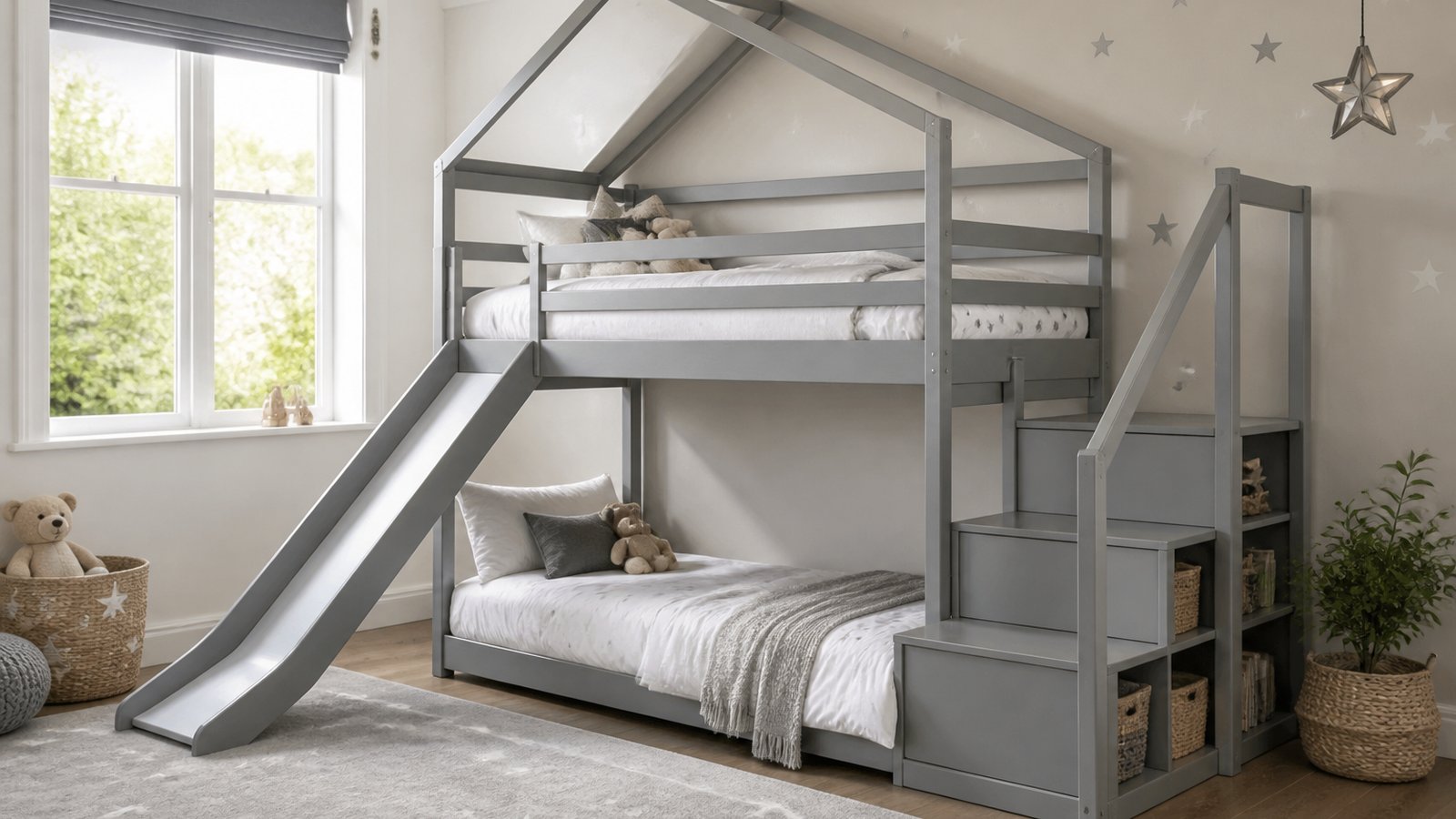 Grey bunk with slide fitted in a compact UK kids bedroom