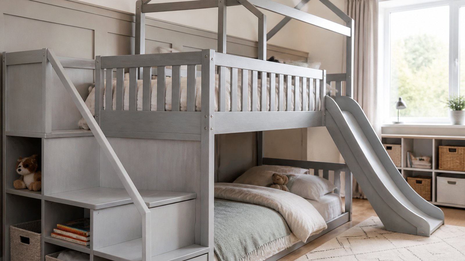 Wide storage steps and guardrails on a grey pine bunk